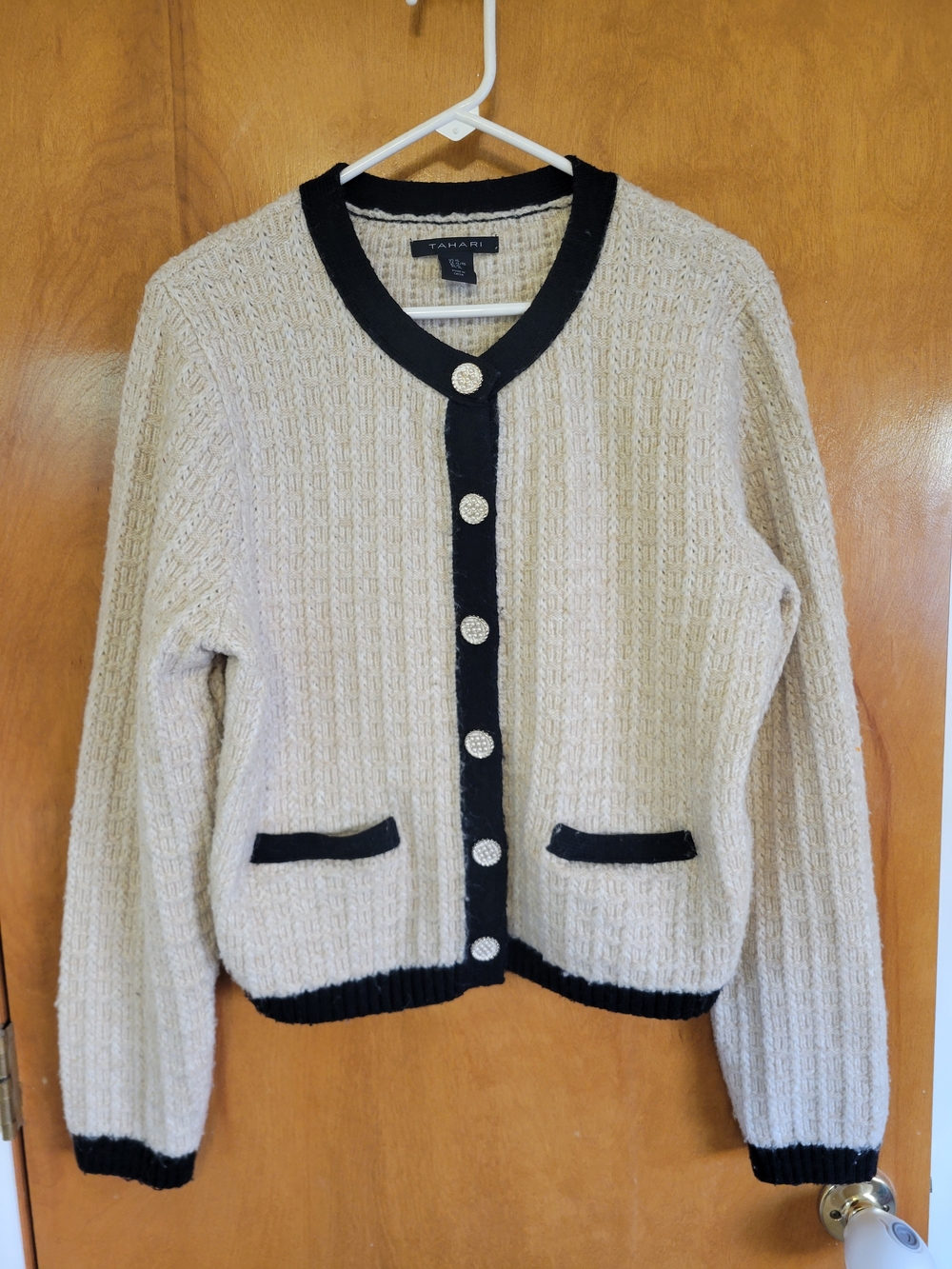 Tahari Cream Cardigan with Black Trim and Rhinestone Buttons